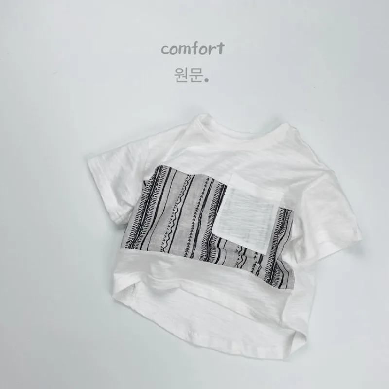 Korean version children's short sleeved T-shirt summer new item boys' round neck cotton versatile pocket splicing striped top