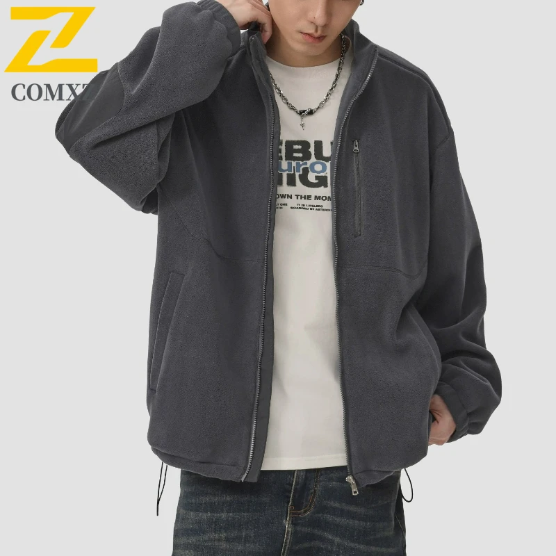 

COMXZ Минималистичная куртка с теплым воротником-стойкой, высококачественная рабочая уличная байкерская куртка, уличное флисовое толстое пальто, мужская одежда