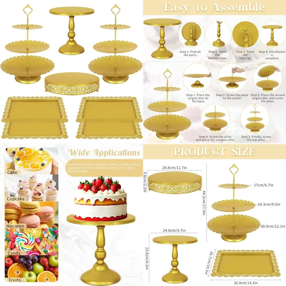 

Gold Metal 3-Tier Cake Stand Set with 8 Pieces for Dessert Display, Including Cupcake Stand and Cookie Tray Rack