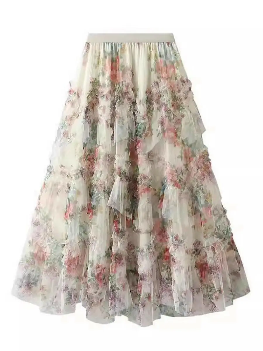Jupe florale en Patchwork rétro français-2020, nouvelle jupe trapèze en maille pour femmes avec ourlet irrégulier, Style Court élégant, printemps 2025