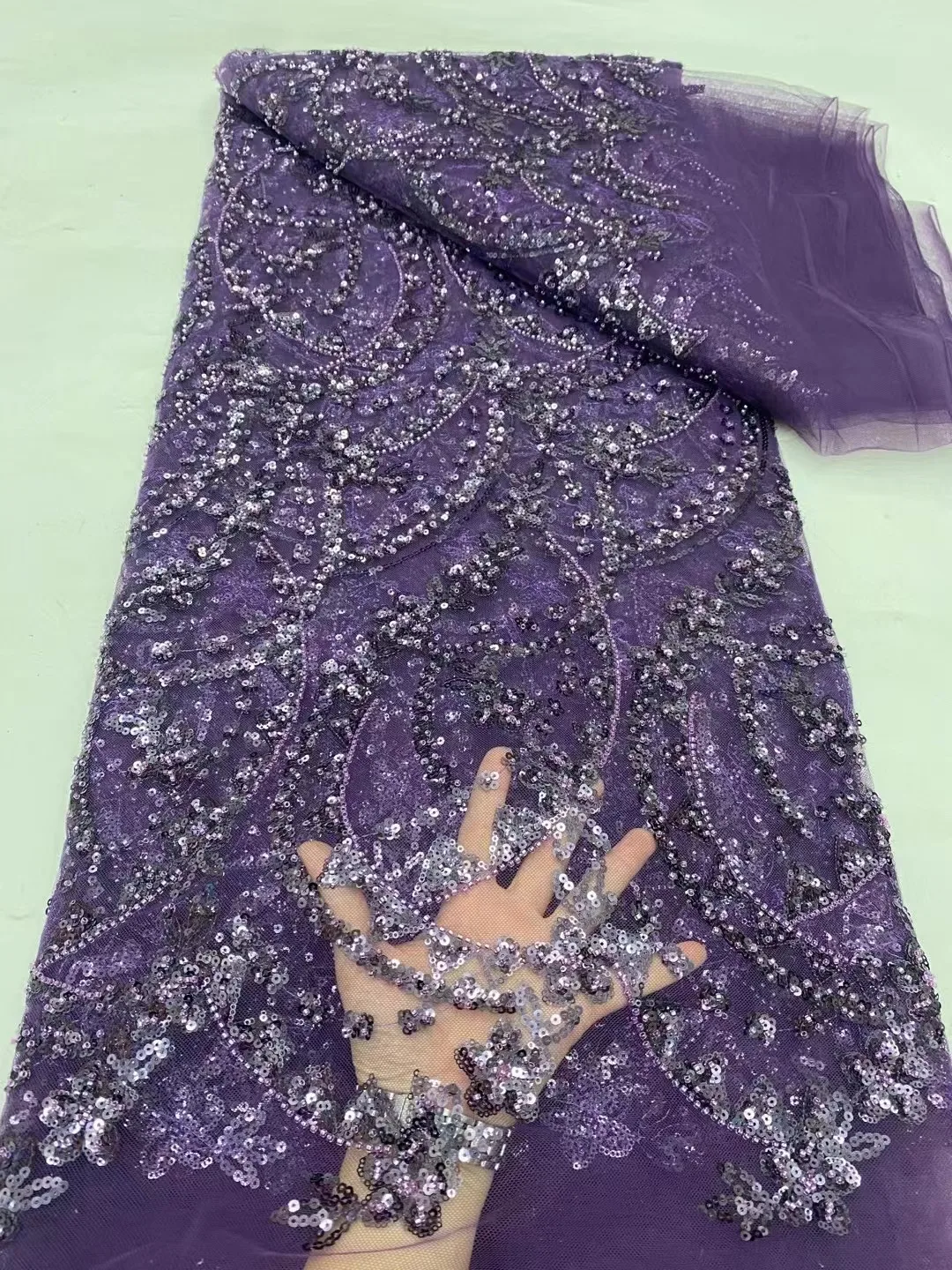 

Luxury Lace Fabric 5 Yards Dubai Hand Beaded Lace Fabric Embroidered African Nigerian Sequins Lace Fabric For Sewing