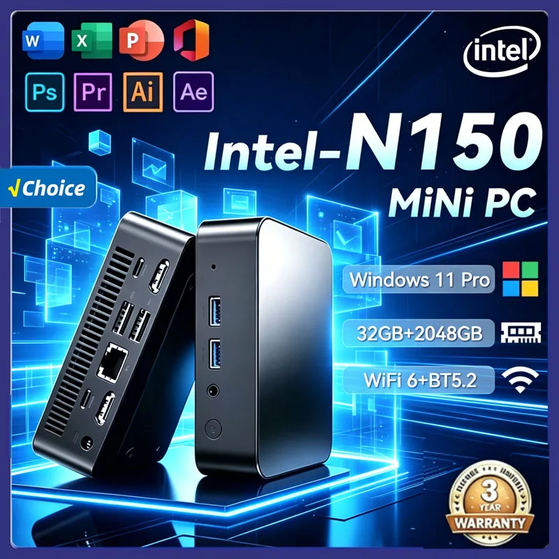 Portable Mini PC Intel N95 N150 Windows11 Pro 16GB RAM 1TB/2TB M.2 SSD WiFi6 BT5.2 Home Office Gaming Desktop Computer
