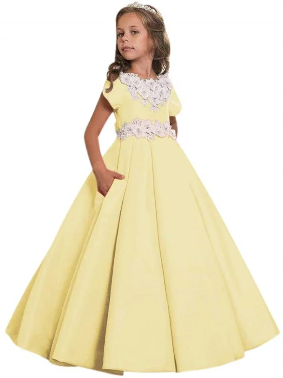 Długie aplikacje sukienki dla dziewczynek na wesela druhna impreza pierwsza komunia z krótkim rękawem korowód suknie na bal maturalny z kieszeniami