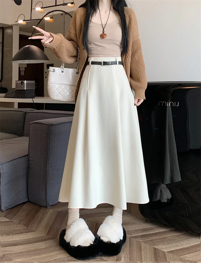 Korean Fashion High Waist Woolen Autumn Winter 2024 Slim A-line Pleated  Long Skirt