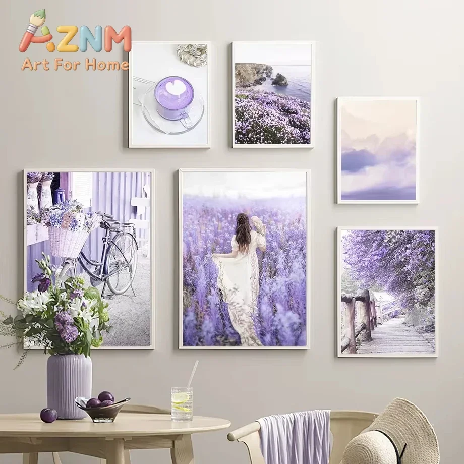 Purple Lavender Coast Girl Car Bicycle Cafe Mural Canvas Wall Art Living Room Decoration Poster Printing Wall Painting