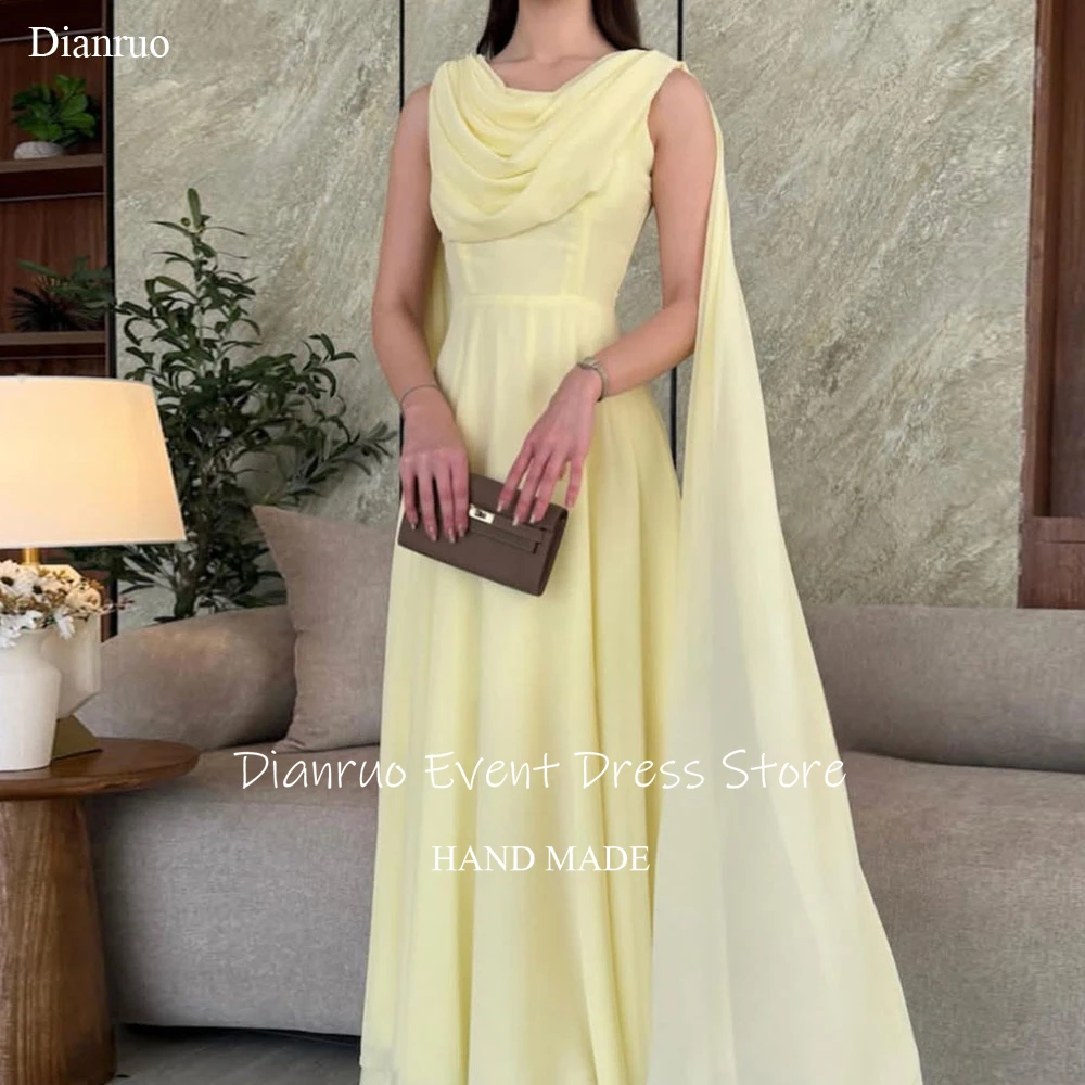 

Dianruo Round Neck Saudi Arabri Evening Dresses Ruched Sleeveless Party Gowns A Line Yellow Chiffon Dresses For Women Customized