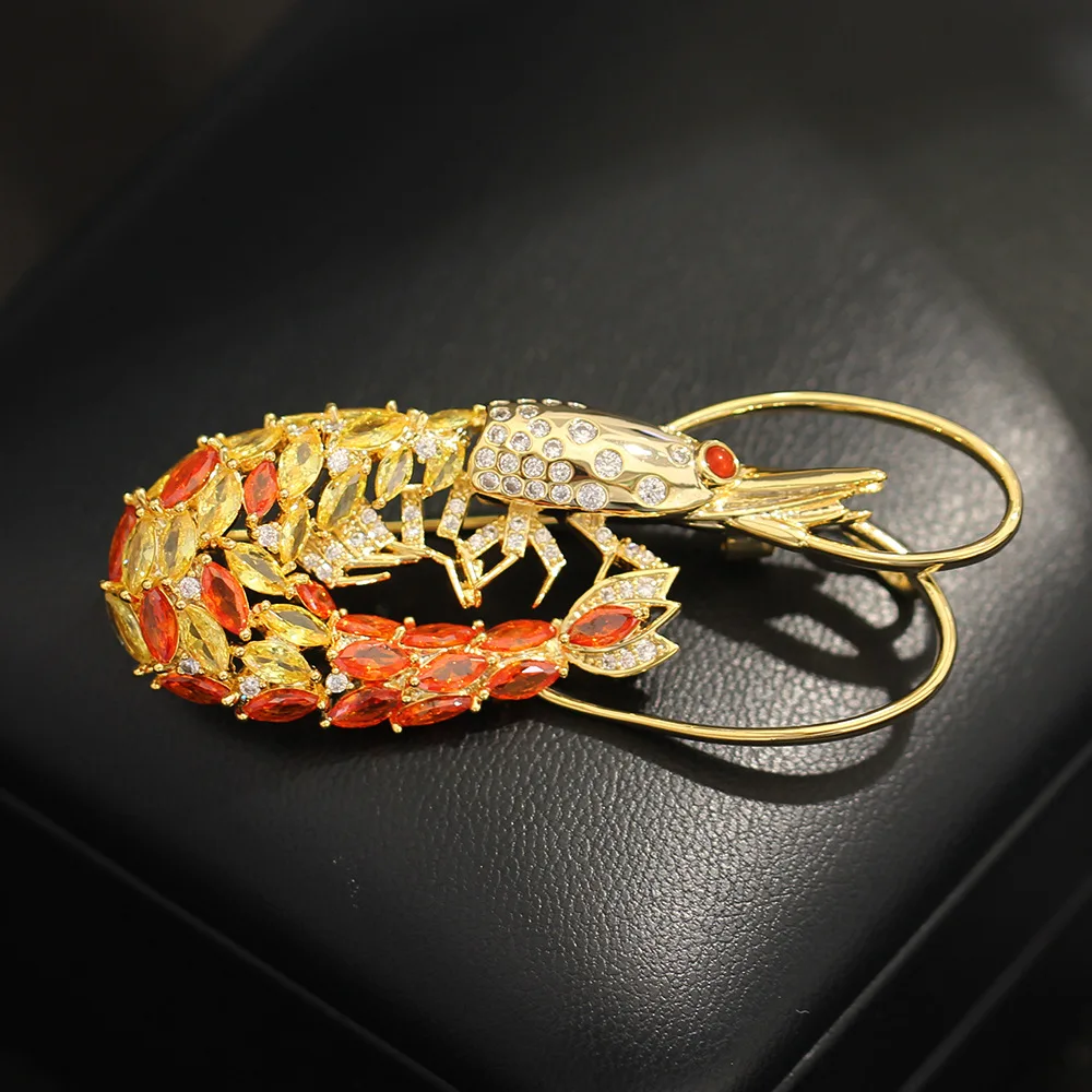 New European and American Hgh-end Micro inlaid Zircon Colored Crayfish Brooch Personalized Marine Life Pin for Men and Women