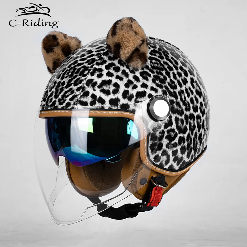 

Белый леопардовый принт 3/4 с открытым лицом мотоциклетный шлем с закаленным кожаным корпусом для повышенной ударопрочности для безопасной езды