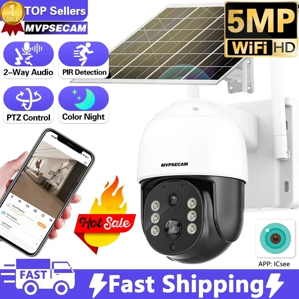 

5MP HD Max 128G Card Solar Camera Outdoor Wireless WIFI Built-in Battery Powered PTZ Camera PIR Human Detect 2-Way Audio iCsee