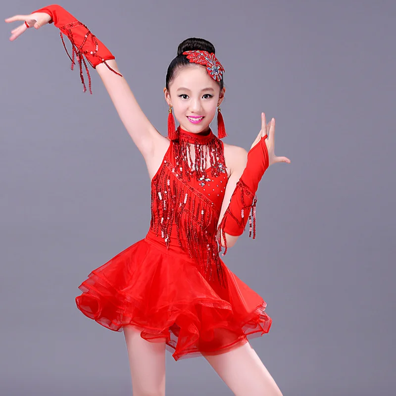 Set Sequins Fringe Tassels Latin Dance Dress Latin Dress Costume for Girls Kids Ballroom Costume Professional Salsa Rumba Cha Ch