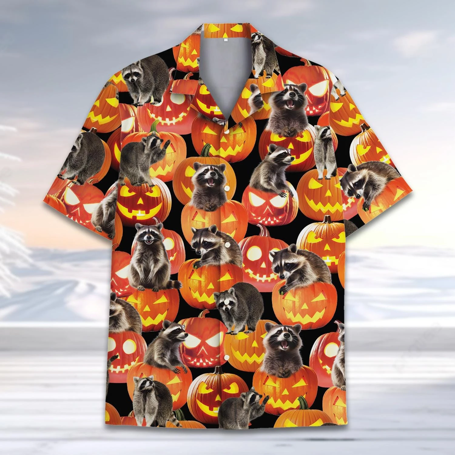 Men's Summer Hawaiian Raccoon Pumpkin Y2k Skull Shirt For Men Pattern Halloween Fashion Cute Floral Casual Vintage Harajuku Tops