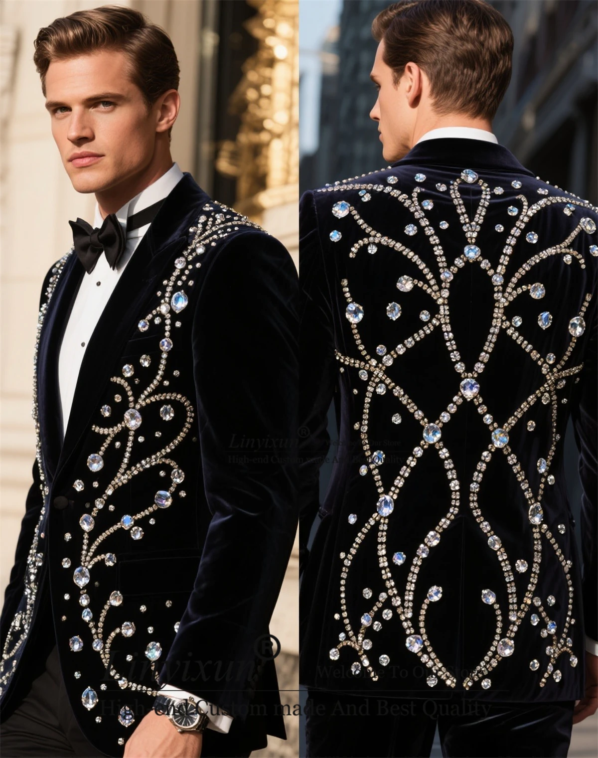 Handsomen Velvet Men Suit Sparkly Gem Beaded Wedding Tuxedos Customized Peak Lapel Ropa hombre 2 Pieces Sets Groom Male Blazers