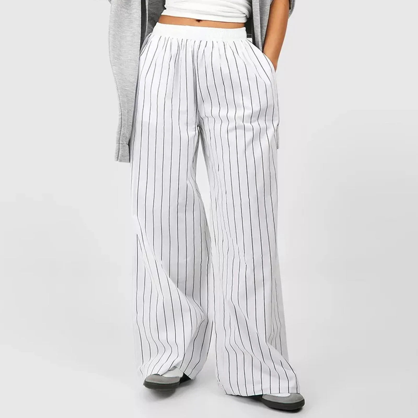 

Women's Straight Wide Leg Pants Casual Elastic Waist Striped Print Pants Lounge Trousers