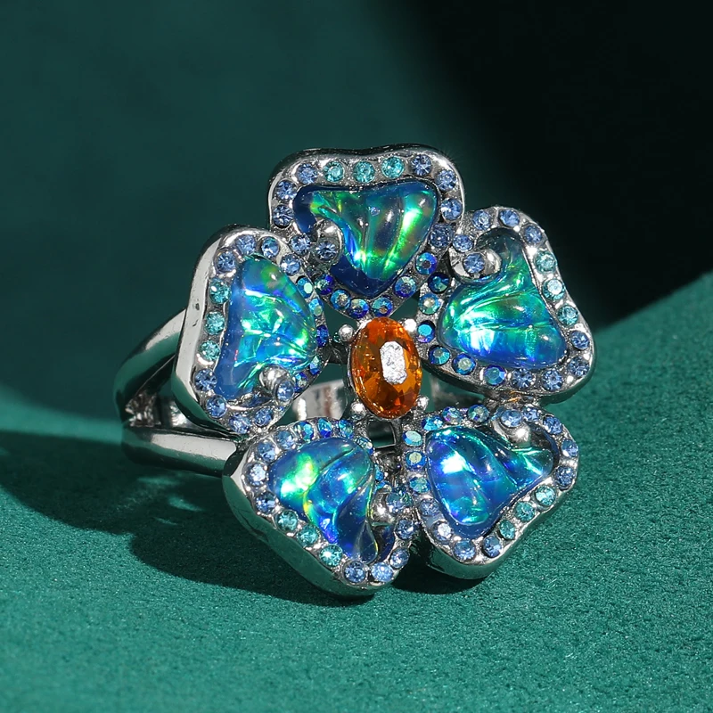 

Large Blue Opal Flower Rings Vintage Yellow Crystal Inlay Designer Jewelry Antique Silver Color Luxury Elegant Art Decos Banquet