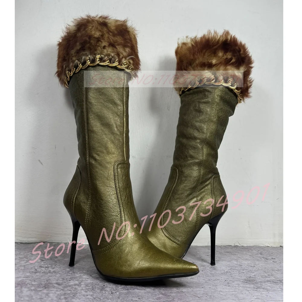 

Fur Green Shiny Knee High Boots Women Fashion Sewing Pointed Toe Furry Chain Strap Boots Female Nifty Party High Heels Boots