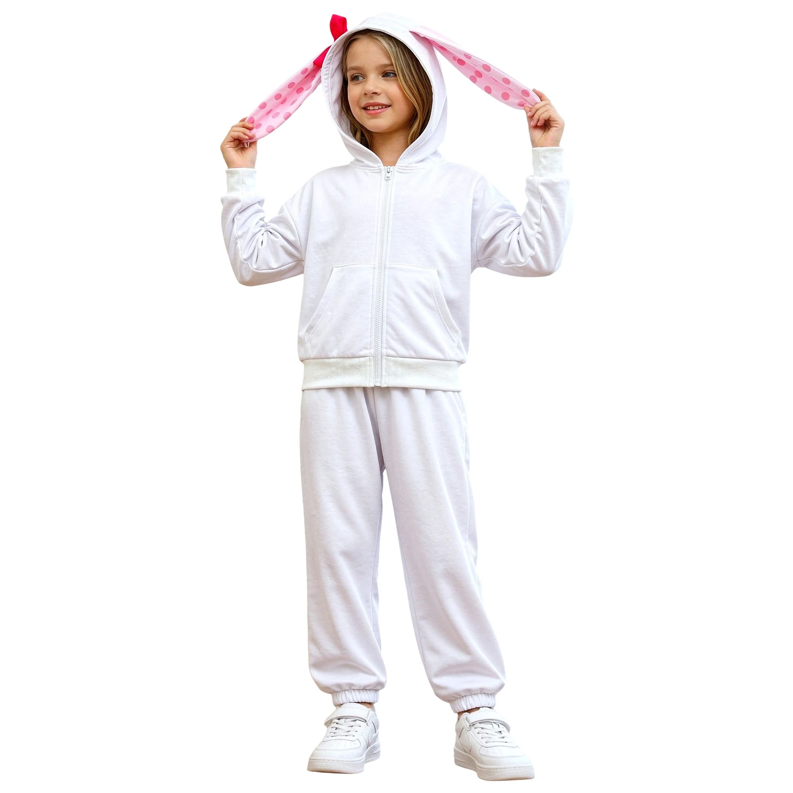 Kids Girls Animal Costume Long Sleeve Dots Rabbit Ears Hooded Jacket with Pants Outfits Family Gathering Halloween Dress Up