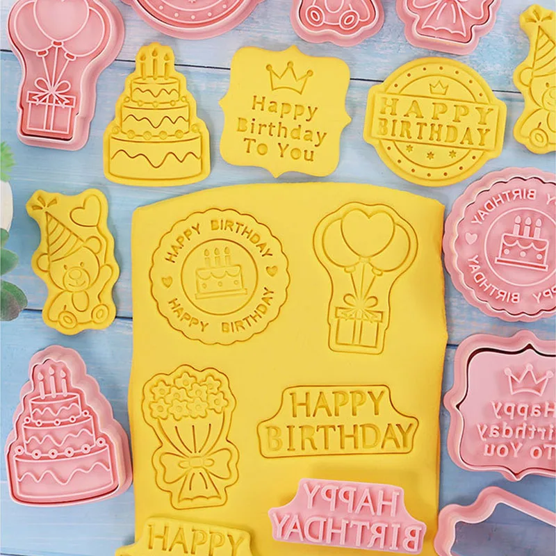 8pcs/set Happy Birthday Theme Cookie Cutters 3D Bear Flower Balloon Biscuit Mold Cookie Stamps Baking Pastry for Birthday Party