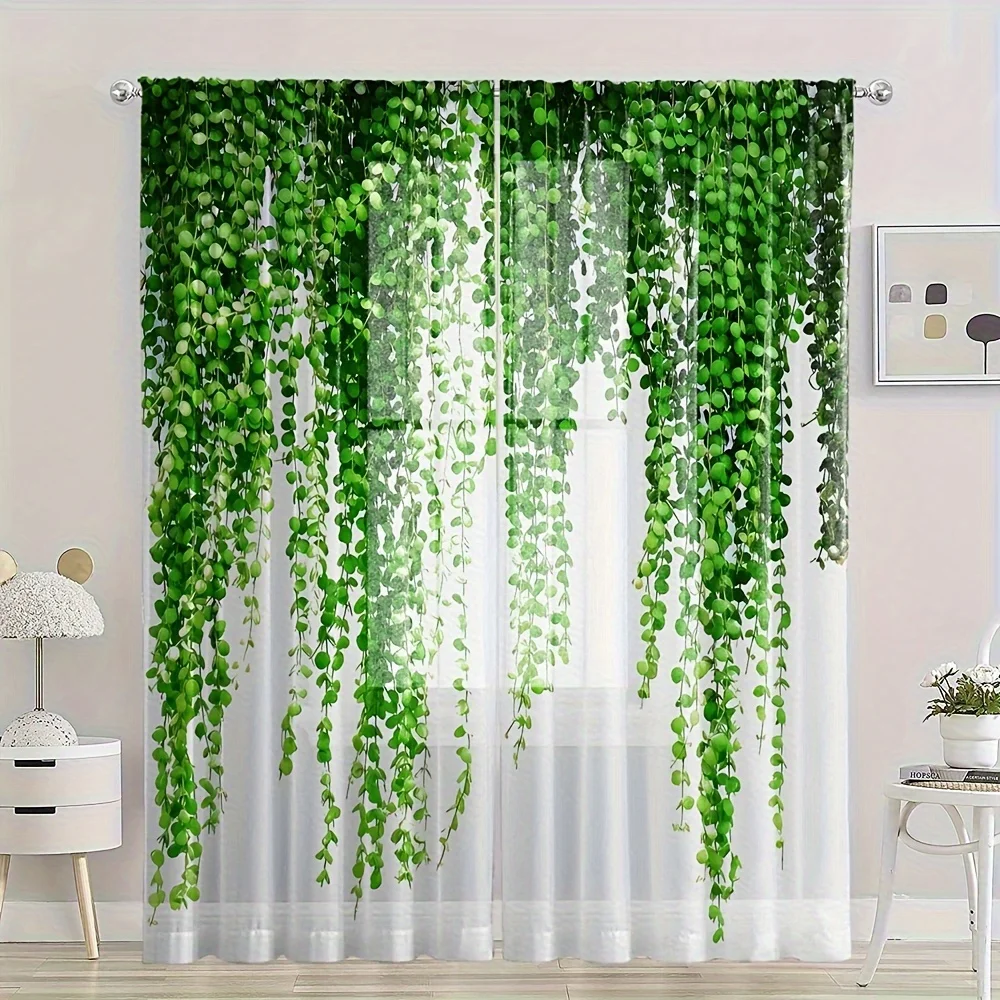 2pcs Greenery Vine Pattern Sheer Curtains Rod Pocket Window Drapes Window Treatments For Bedroom Living Room Home Decoration