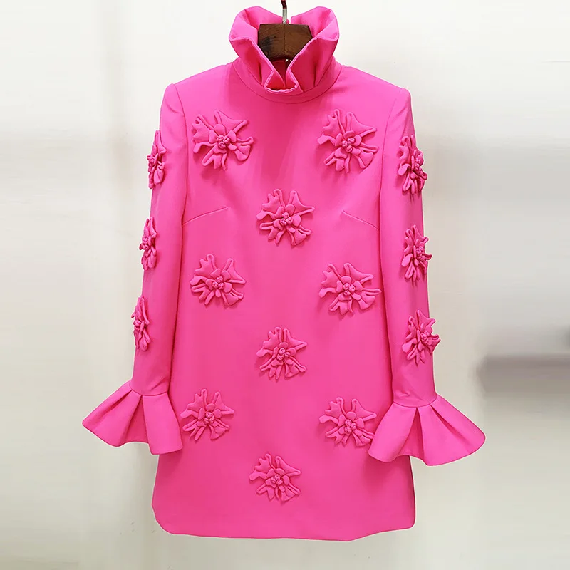 

Spot Goods2024New European and American Fashion Socialite Elegant Heavy Craft Handmade Three-Dimensional Flower Flared Sleeve Dr