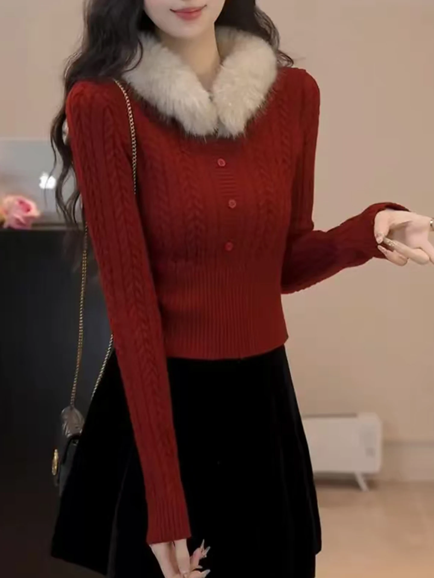 

Faionable Knitted Sweater Women's Autumn Winter New Sle Twist Waist Fluffy Collar Red Spun Yarn Soft Warm Top