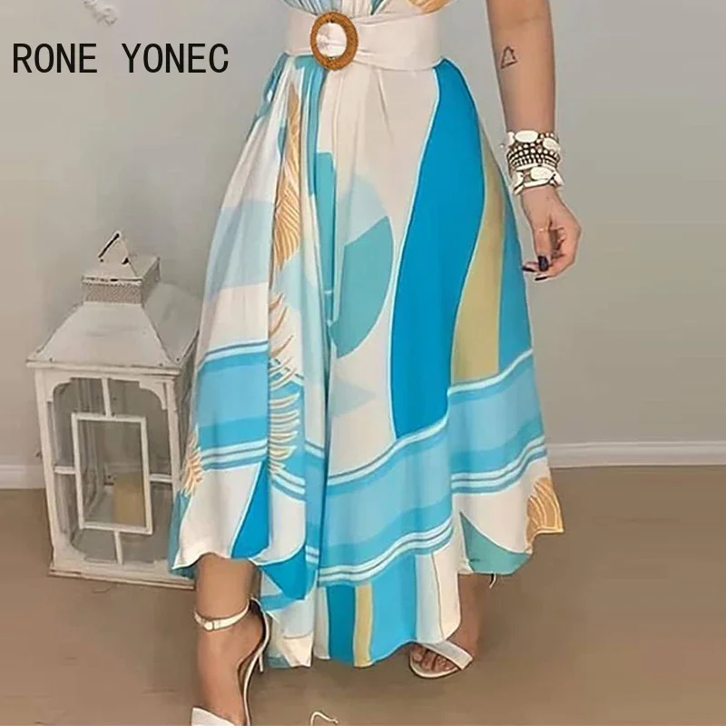 Women Elegant Dress Tropical Print V Neck Tie Up Maxi Dress With Belt Casual Summer Dress