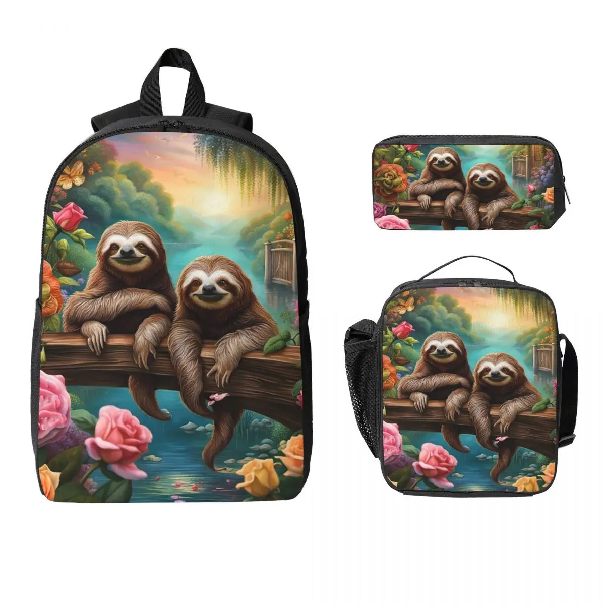 

Lovely Sloth Print Backpack Student BookBag School Bag Computer Shoulder Bags 3ps Insulated Lunch Bag Pencil Case