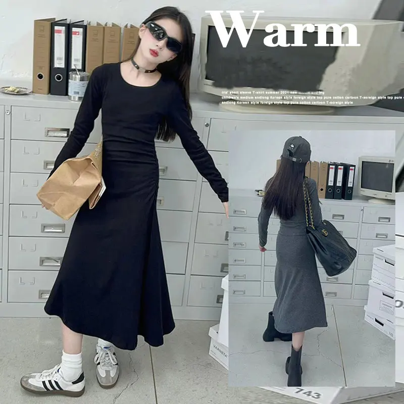 

teen girls Knitted long dresses 2024 Spring Autumn Korean junior Girl Slim T-shirt Dress Simple Casual kid clothes 4-14 vestidos