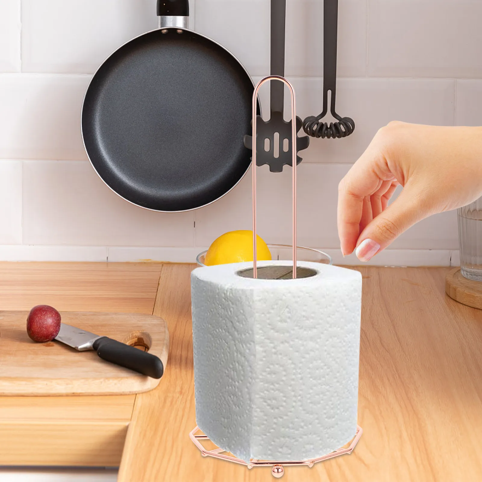 

European Style Iron Kitchen Paper Towel Holder Rose Golden Metal Paper Roll Stand Countertop Storage Rack for Home Office Use