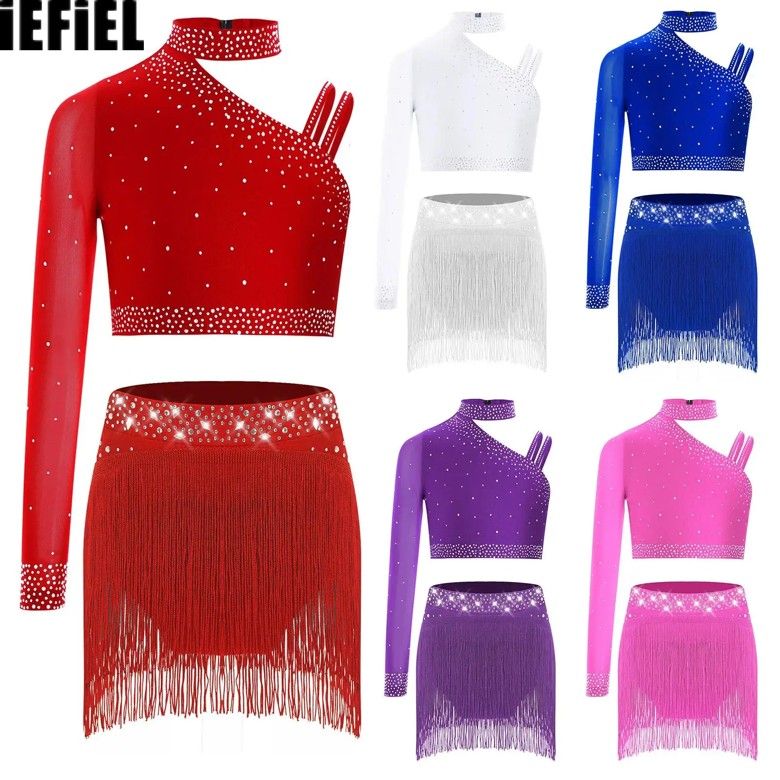 Kinder Mädchen Jazz Dance Sets Unregelmäßige Schulter Glitzernde Strass Crop Top mit Elastischem Bund Fransen Böden Kostüm