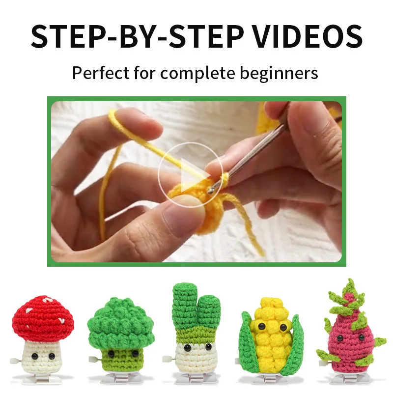 5Pcs DIY Crochet Knitting Kit Vegetable With Yarn Crochet Weaving Needle Accessories Set Easy For Beginners Dolls Toys Crafts