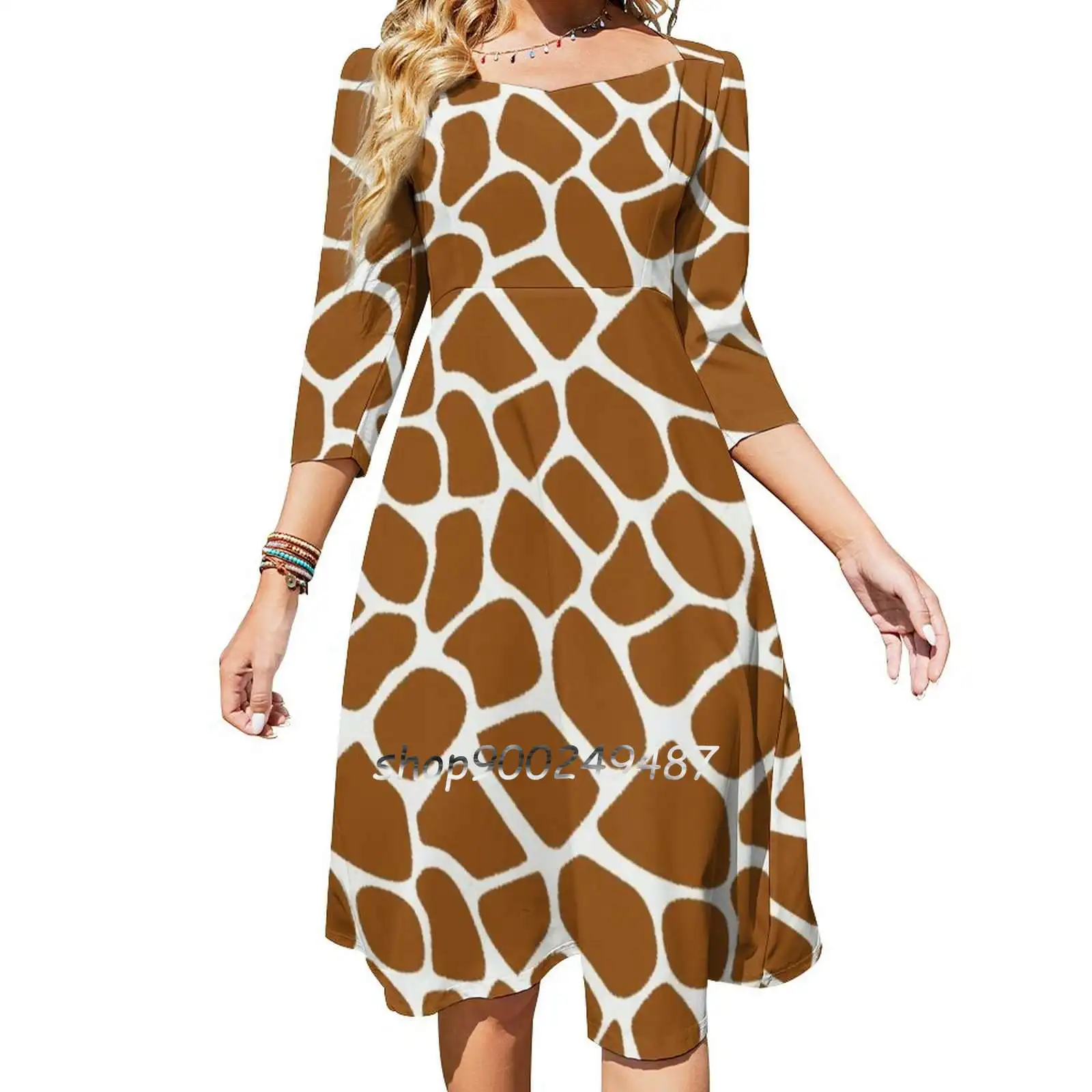 Giraffe Print Scribble Pattern Animal Print Square Neck Dress New Plus Size Elegant Women Waist Tight Dress Giraffe Scribble