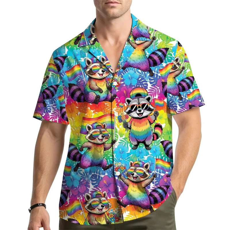 

Cool Penguin Raccoon Pattern Hawaiian Shirt For Men Marine Animals 3D Printed Short Sleeves Casual Lapel Aloha Shirts Blouses