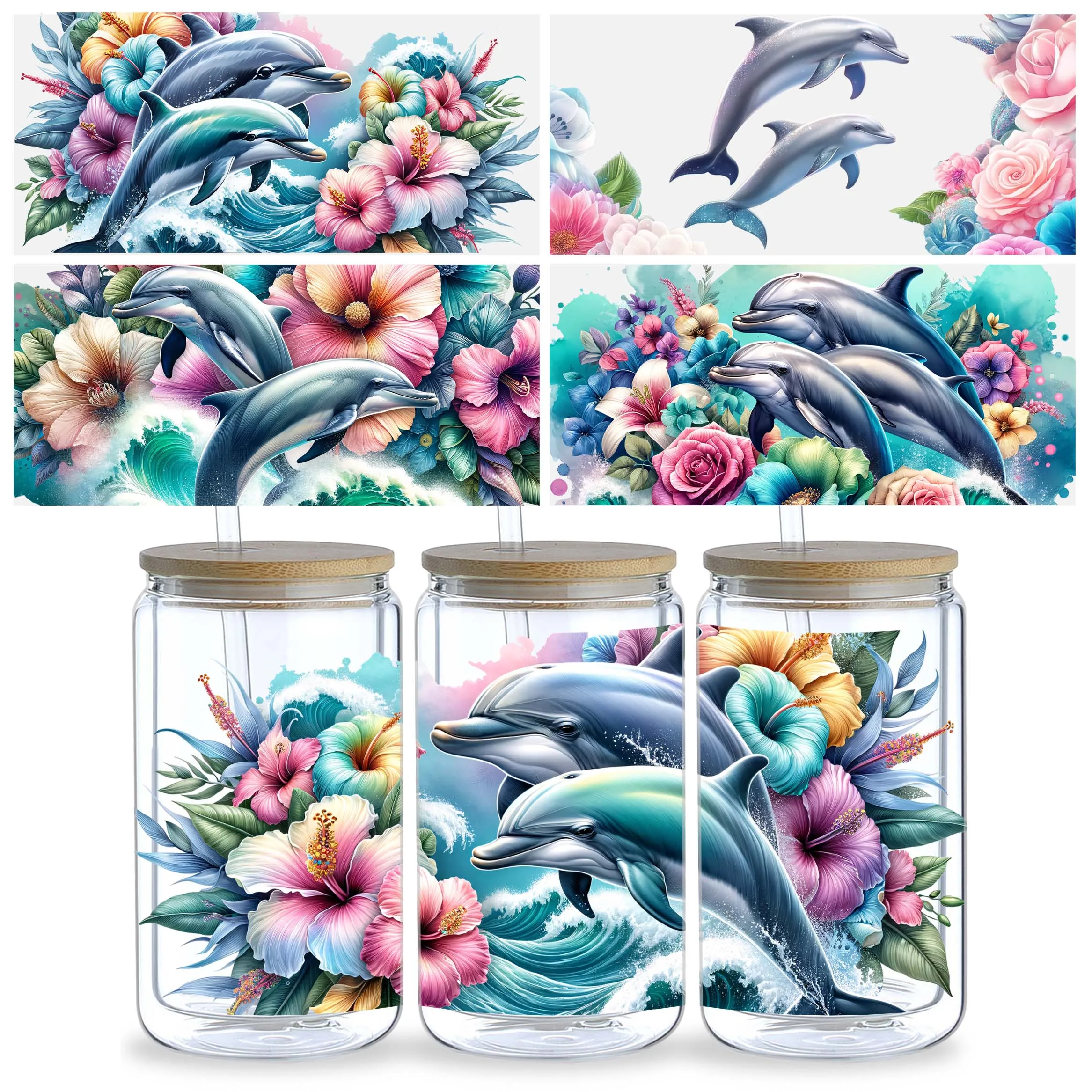 5 Sheets Dolphin UV DTF Cup Stickers for 16oz Glass, Waterproof UV DTF Stickers for 16oz Glass, DIY, Furniture, Crafts