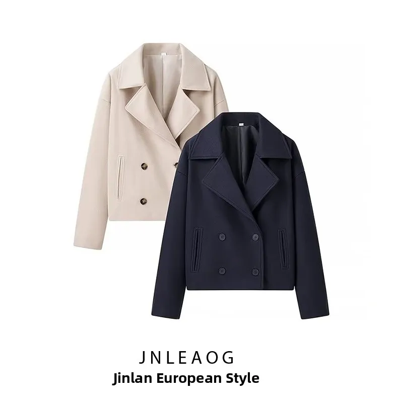 Fashionable Short Woolen Coat for Women Autumn New Style Double Row Buttons All Match Straight Tube Type Polyester Fiber