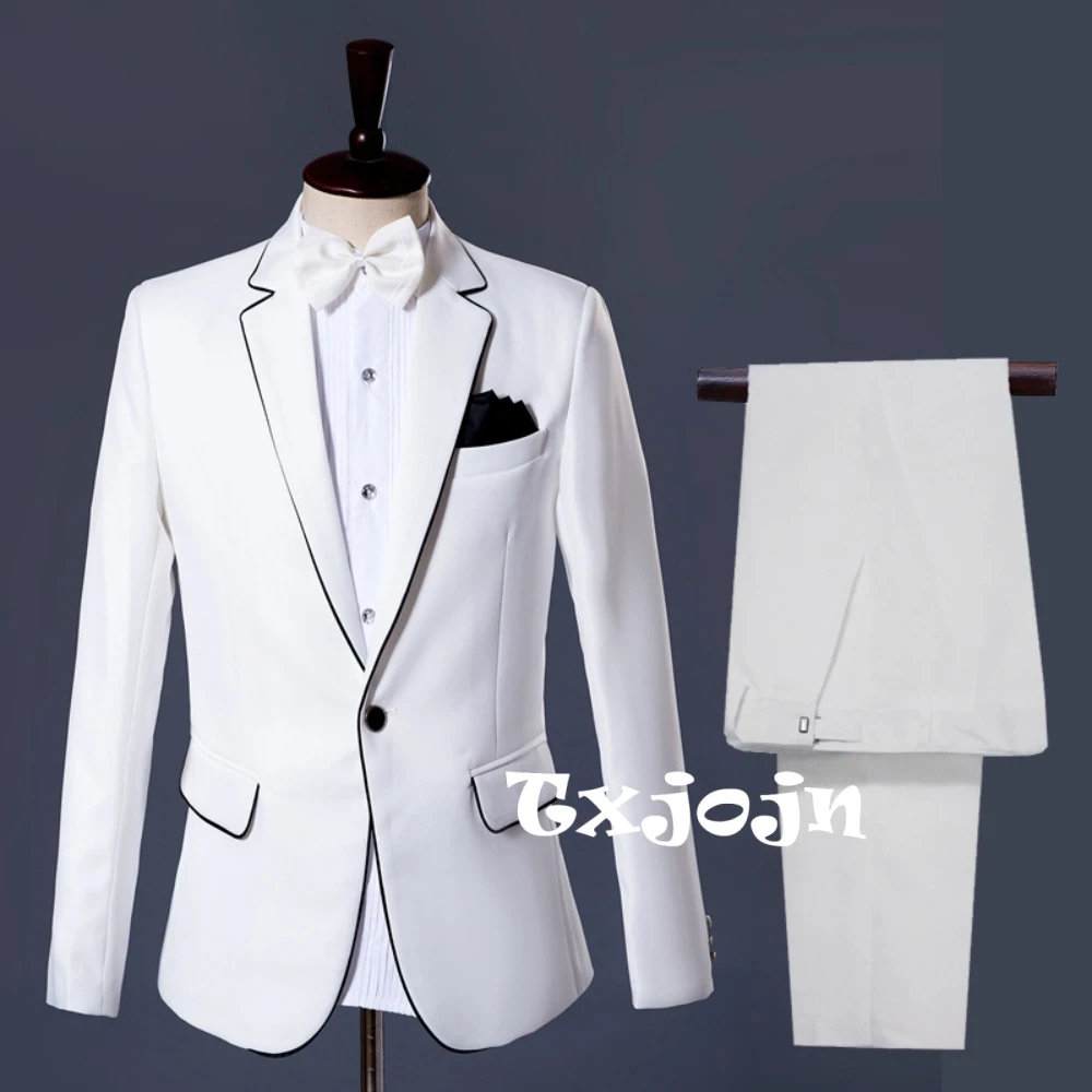 

Elegant White Men's Slim Fit Suits 2 Pieces Wedding Groom Sets Autumn Notched Lapel Long Sleeved Suit Set For Men Party Tuxedo