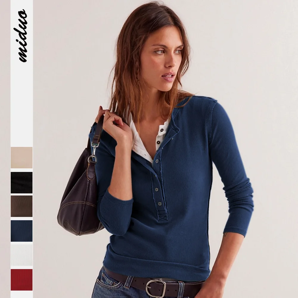 

Women's Solid Color V-Neck Knit Tee Button Down Long Sleeve Blouse Slim Fit Stretchy Casual Tops, Fashion Basic Inner Wear Shirt