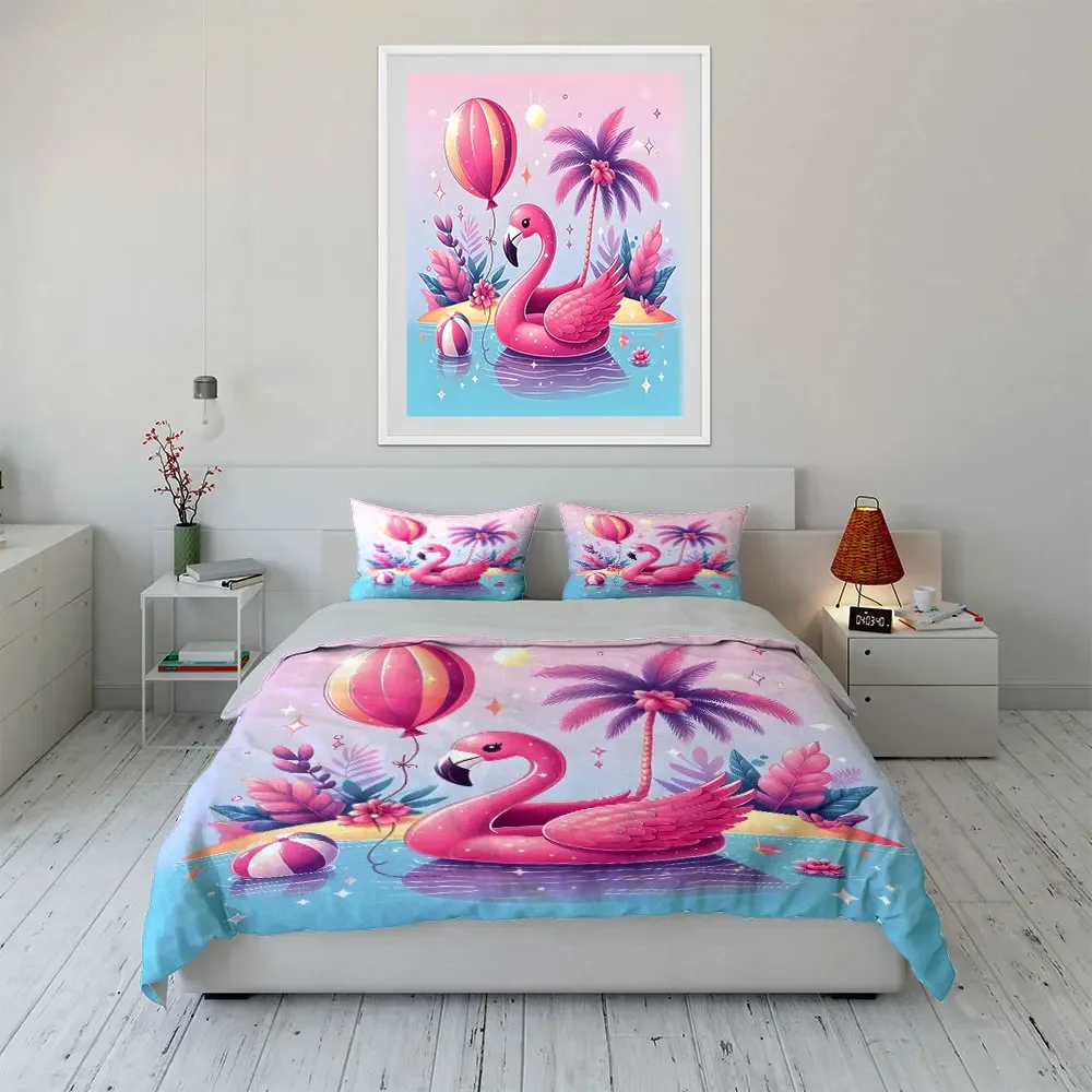 3Pcs Cute Flamingo Float Bedding Set, Pink Flamingo with Balloon & Palm Tree Print Duvet Cover + 2 Pillowcases, gift for kids