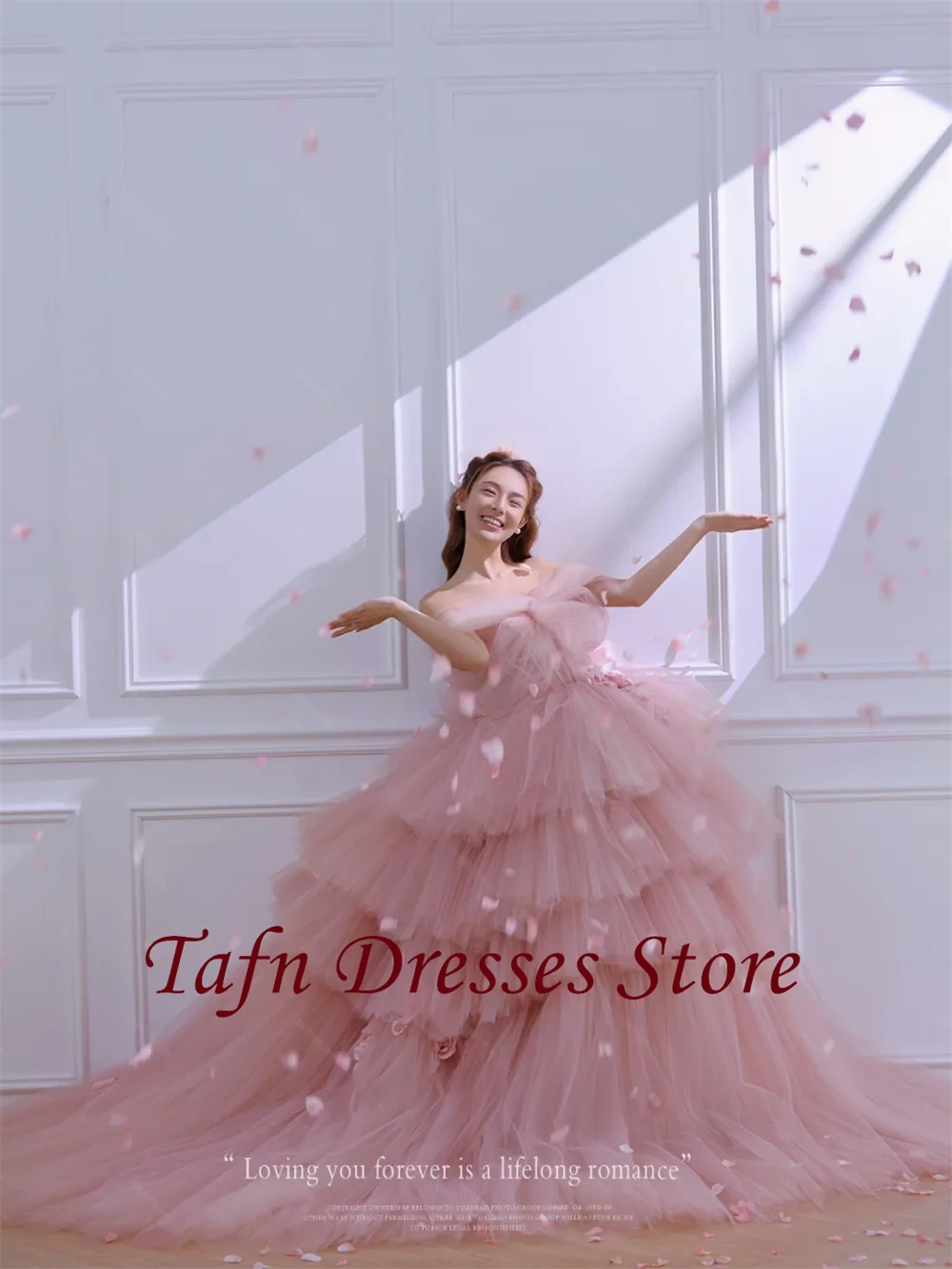 TAFN 2025 New Korea Wedding Shooting Dresses Pink Tulle Off the Shoulder Tiered Pleat Princess Bridal Gown Sweep Train