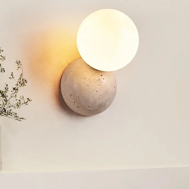 Cream Style Led Wall Lamp Cave Stone Wall Small Light Bedroom Bedside Creative Nordic Living Room TV Background Lighting Round