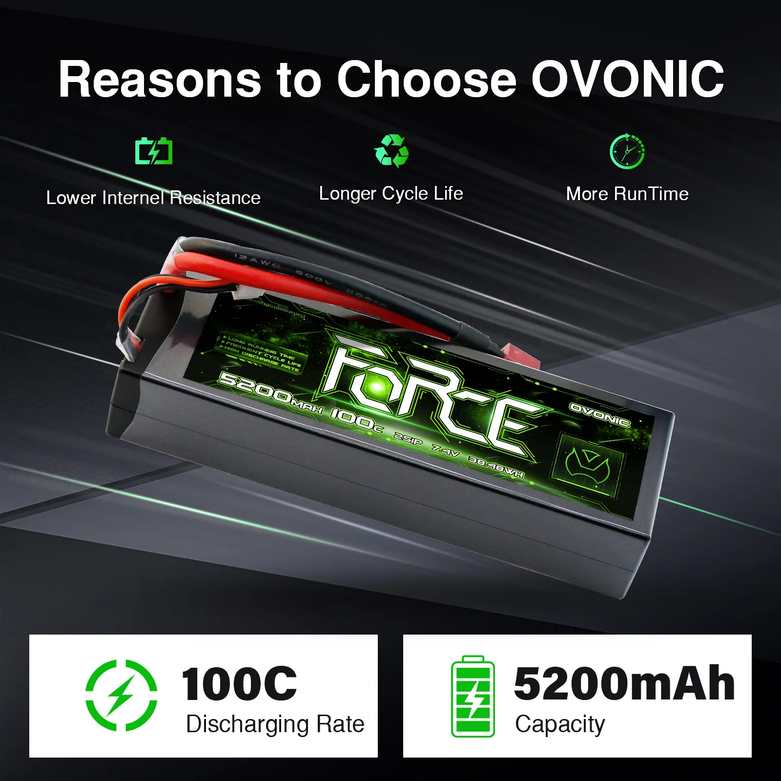 OVONIC Lipo Battery 7.4V 100C 5200mAh 2S Battery Dean-Style T Connector with Lipo Voltage Checker - view 3