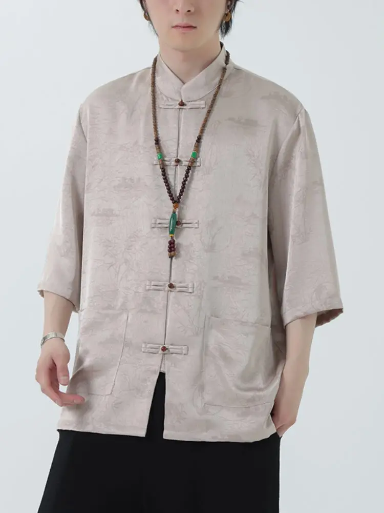 

Мужская рубашка из ледяного шелка свободного кроя с коротким рукавом, тонкая, дышащая, летняя, модная, с рукавом до локтя, с принтом