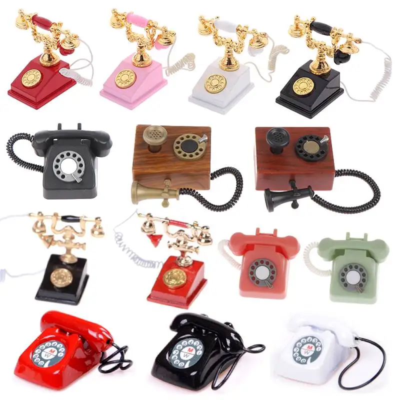 19Styles Miniature Phone Model Alloy Vintage Retro Rotary Red Telephone For Dollhouse Accessories Pretend Play Furniture Toys