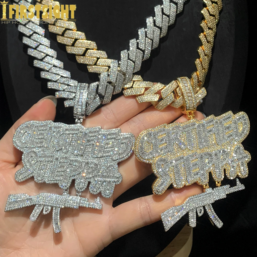 Iced Out Bling CZ Letter Certified Steppa Gun Pendant Necklace Big 19MM Cuban Chain Cubic Zirconia Men Fashion Hip Hop Jewelry