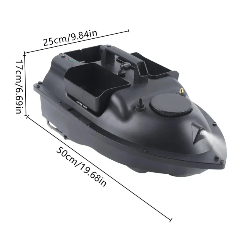 220V Futterboot 500m Angelköder-RC-Boot mit LED, 2kg Angelköder-Fernsteuerungsschiff, Kabelloser Köderboot-Fischfinder NEU (Schwarz, 19,69*9,84*6,69 Zoll)