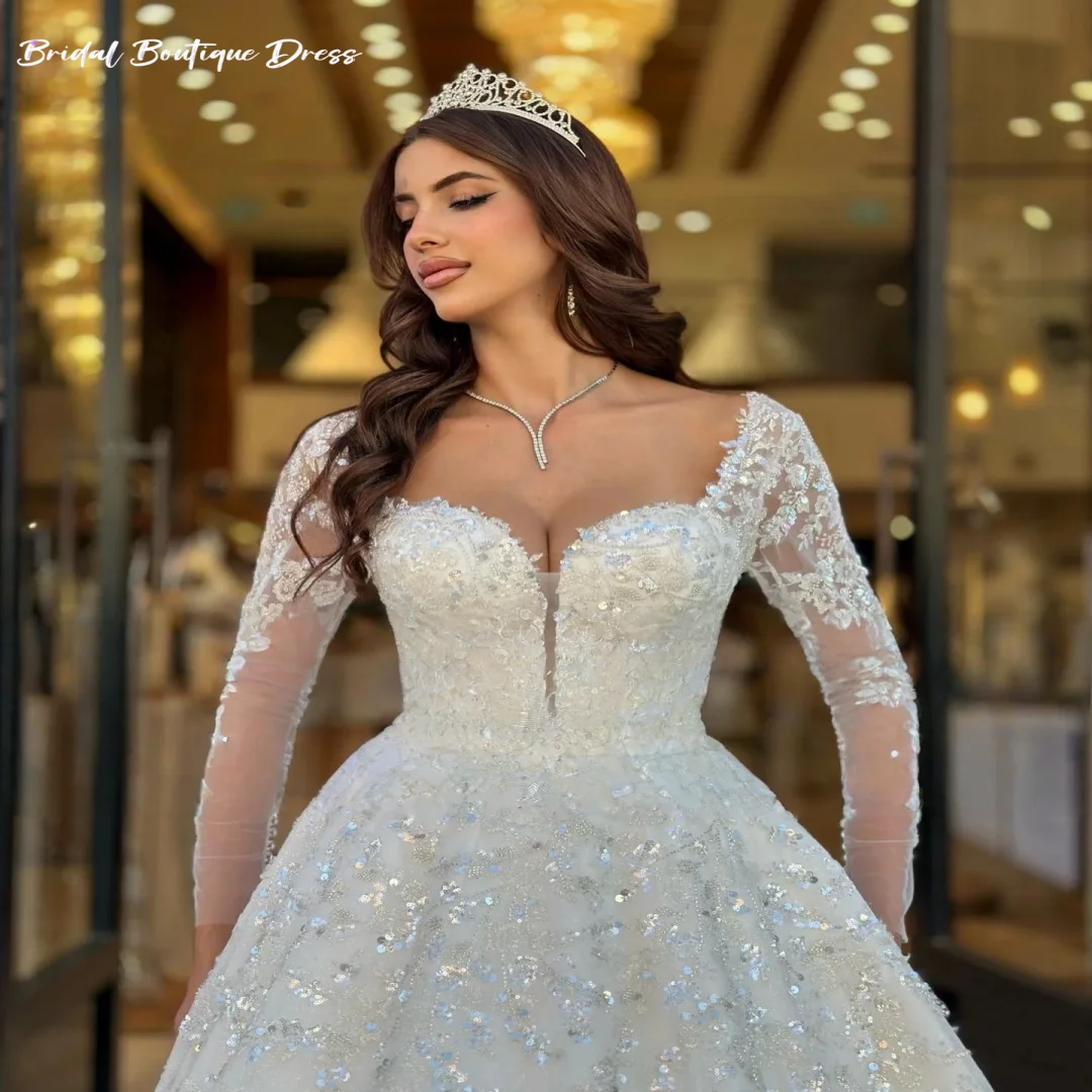 Aangepaste luxe a-lijn dames lange jurken met elegante lange mouwen godin satijnen bruid feest bruiloft baljurk trian