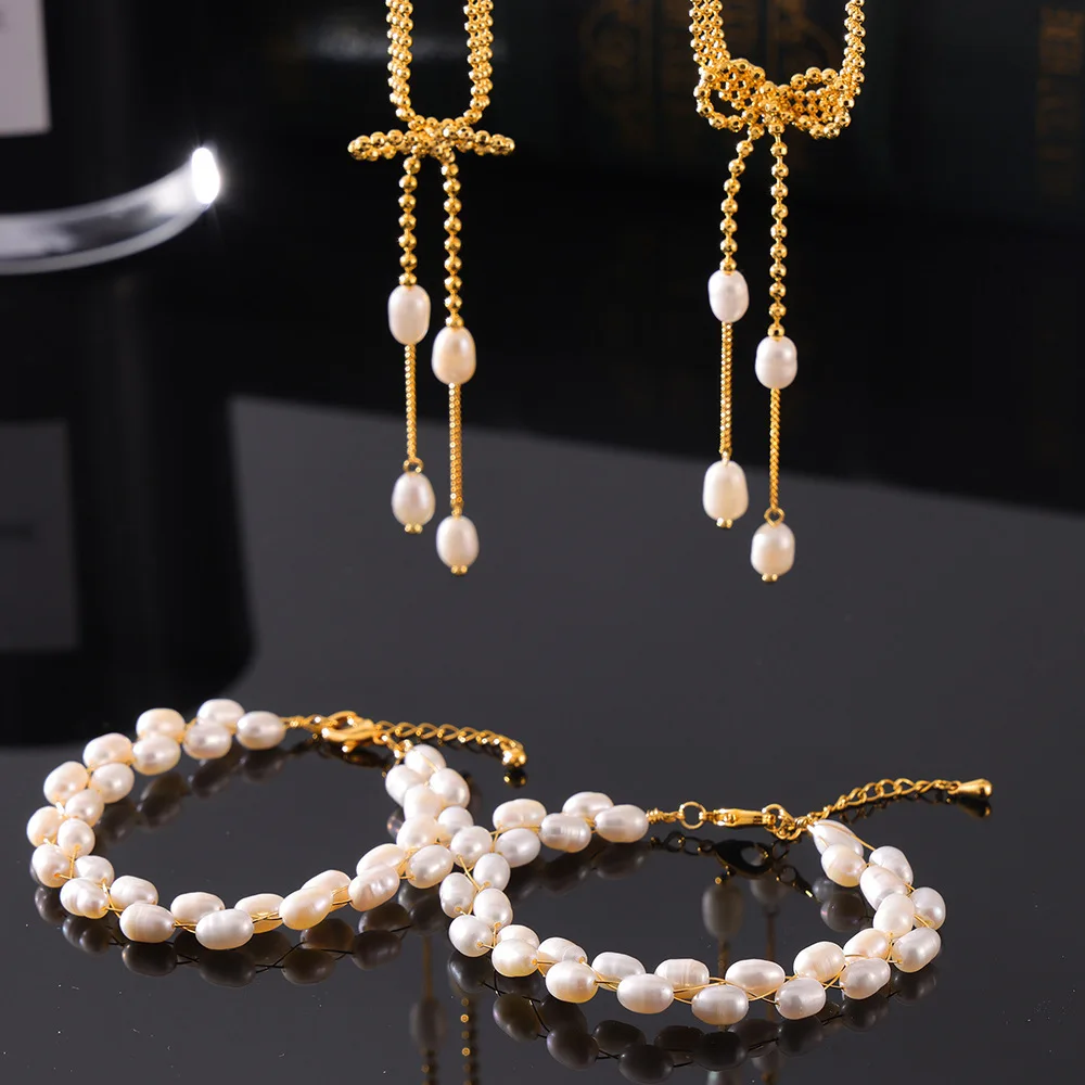 

Trend Wedding Party Jewelry Choker Pearl Pendant Necklace For Women Elegant White Freshwater Pearl Bracelet Jewelry Set