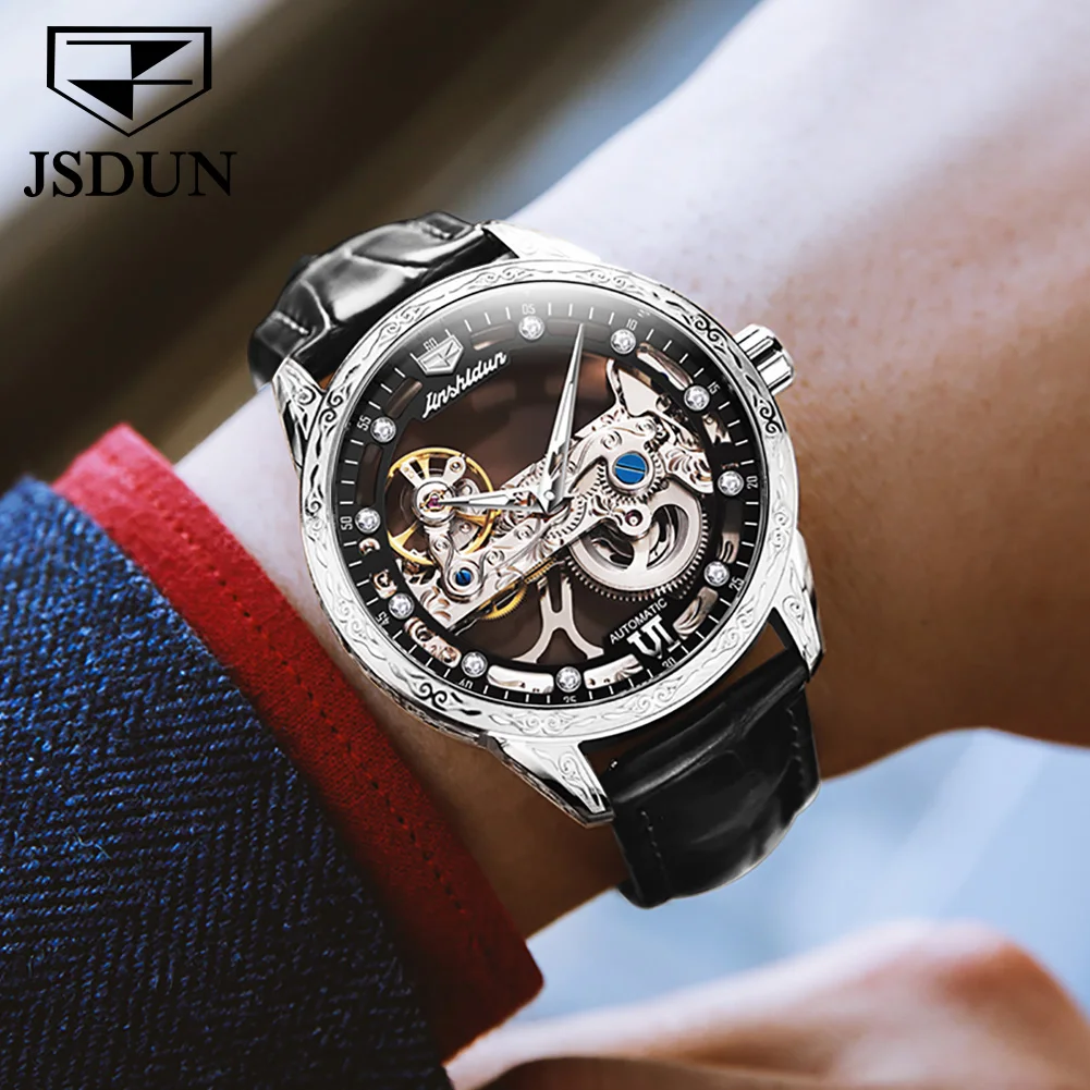 JSDUN New High Quality Men\'s Watches Original Skeleton Automatic Mechanical Wrist Watch Men Casual Fashion Leather Watch for Men