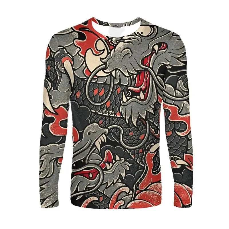 Men Long Sleeved Chinese Dragon Round Neck Cartoon 3D Harajuku Printed Fashionable And Personalized Oversized Loose T-shirt Top