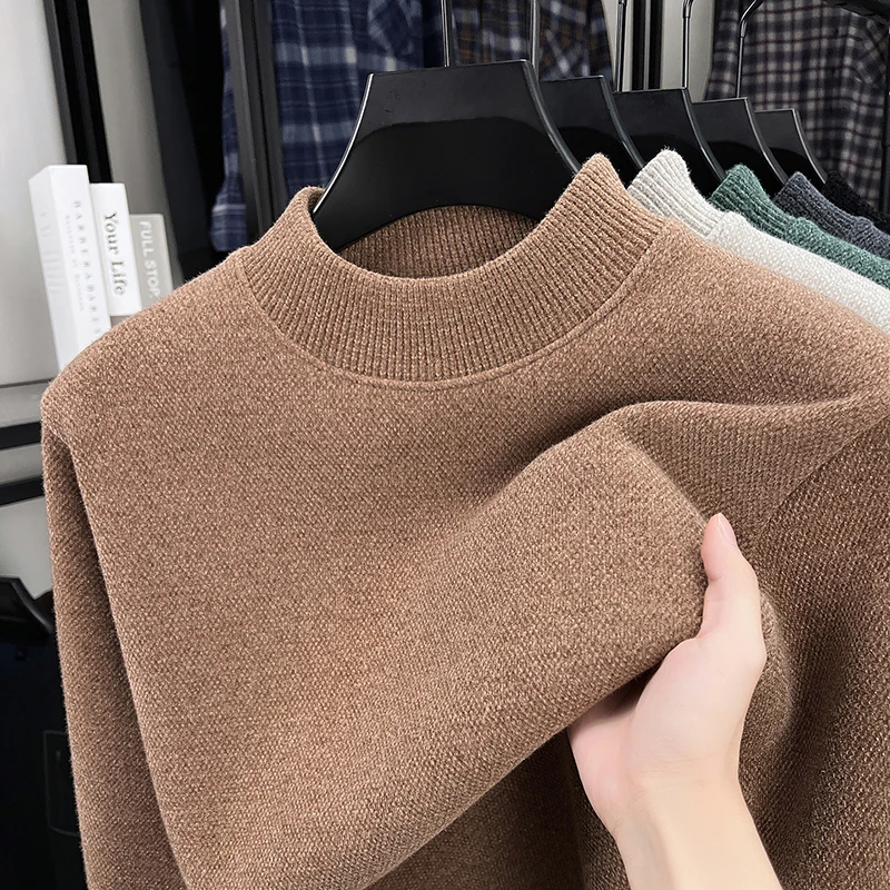 

2025 Autumn/Winter Half-crew High-neck Wool Sweater for Men, Faux Fur Lining, Thicken, Warm Knit Base Layer Pullover