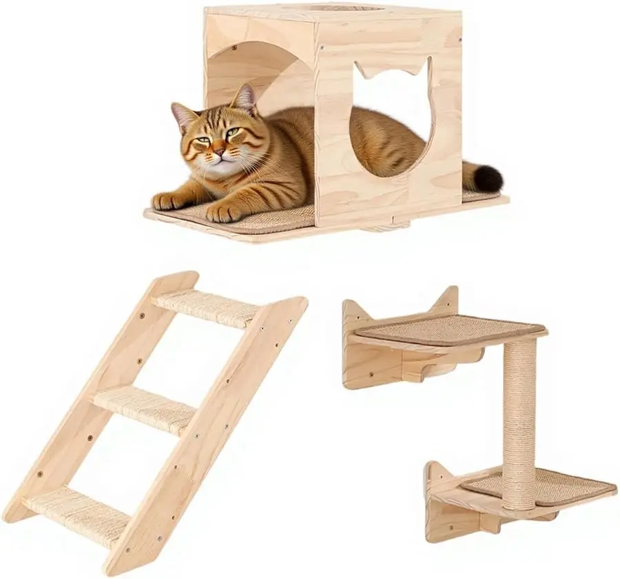 

Cat Wall Shelves Set – Wall Mounted Cat Furniture with House, Sisal Mat, Scratching Posts & Perches – Indoor Climbing Shelves fo